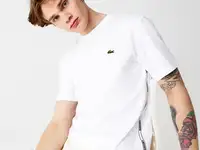 Мужская хлопковая футболка lacoste с круглым вырезом и фирменными полосами