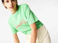 Женская хлопковая футболка lacoste с круглым вырезом и надписью