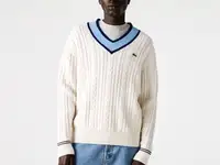 Контрастный шерстяной вязаный свитер lacoste unisex с v-образным вырезом