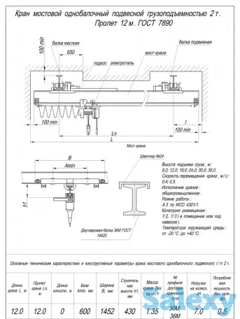 Кран балка подвесная г/п 2т пролет 12м, фотография 1