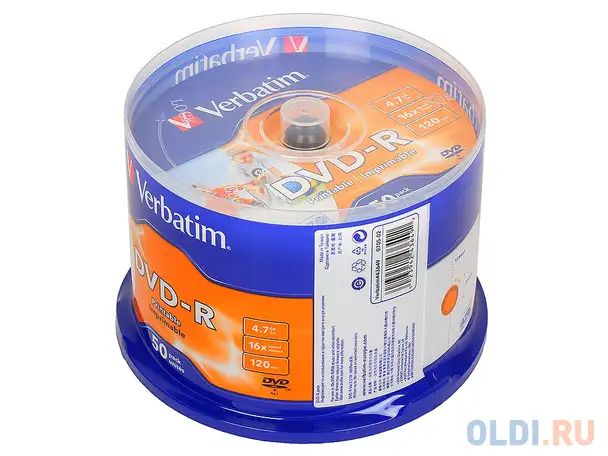 Диски dvd-r 4,7gb verbatim 16x cb/50 full ink print id (43649), фотография 1