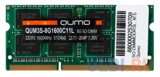 Оперативная память для ноутбука qumo qum3s-8g1600c11l so-dimm 8gb ddr3l 1600 mhz, фотография 1