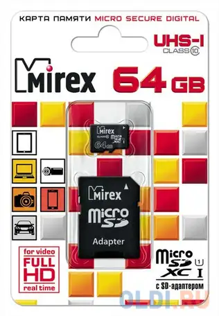 Флеш карта microsd 64gb mirex microsdxc class 10 uhs-i (sd адаптер), фотография 1