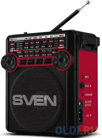 Ас sven srp-355, красный (3 вт, fm/am/sw, usb, sd/microsd, фонарь, встроенный, фотография 1