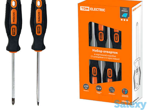 Набор отверток 6 шт.: sl:3х75;5х100;6х100, ph:0х75;1х100;2х100 cr-v алмаз tdm, фотография 1