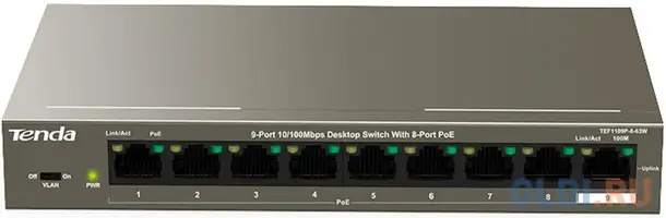 Коммутатор 9port 10/100m poe tef1109p-8-63w tenda, фотография 1