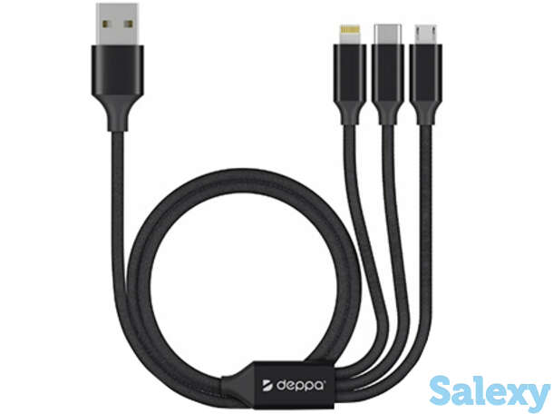 Кабель deppa 3 в 1, micro-usb, usb-c, lightning, 1.2 м (72299). черный, фотография 1