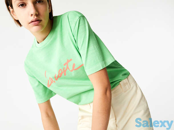 Женская хлопковая футболка lacoste с круглым вырезом и надписью, фотография 1