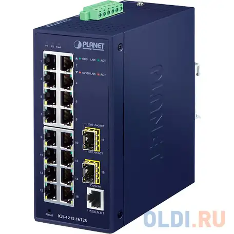 Planet igs-4215-16t2s ip30 industrial l2/l4 16-port 10/100/1000t + 2-port 100/1000x sfp, фотография 1