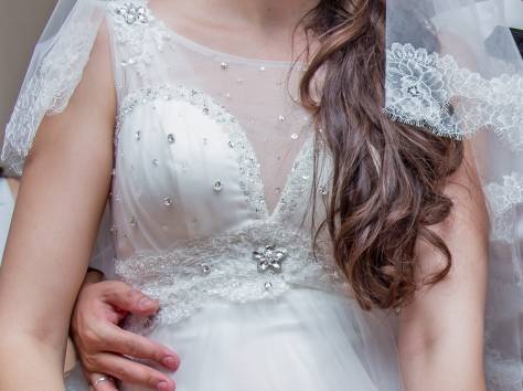 Великолепное свадебное платье, А форма, цвет айвори, фотография 3