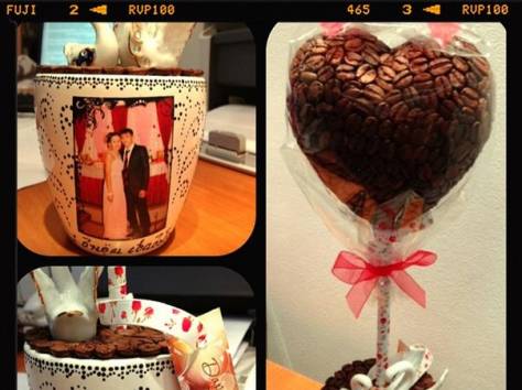 Топиарий из кофейных зерен сердце шар елочка на заказ ручной работы, фотография 9