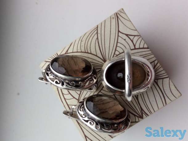 серебряный набор (серьги и кольцо /18) чайный топаз, фотография 3