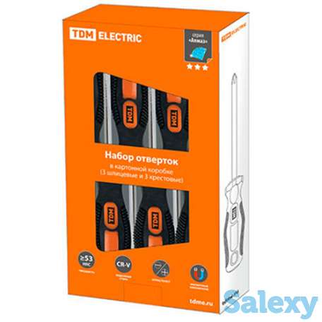 Набор отверток 6 шт.: sl:3х75;5х100;6х100, ph:0х75;1х100;2х100 cr-v алмаз tdm, фотография 2