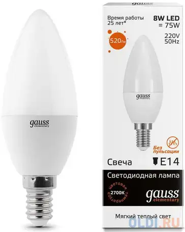 Лампа светодиодная свеча gauss 33118 e14 8w 2700k, фотография 1