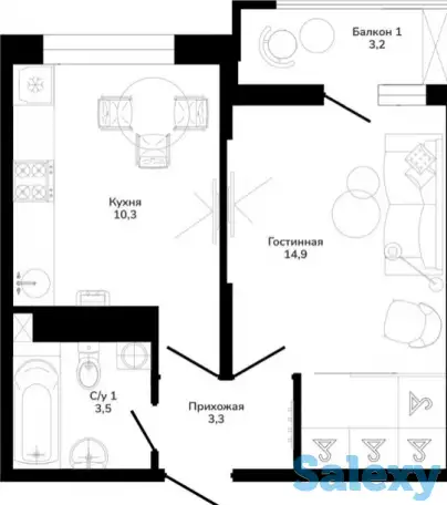 1-комнатная квартира 35.2 кв.м. в Горячем Ключе., фотография 2