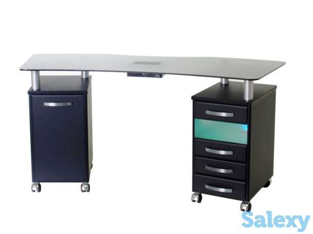 Стол маникюрный с 2 тумбами со стеклянной фигурной столешницей, УФ-блоком и вытяжкой, фотография 1