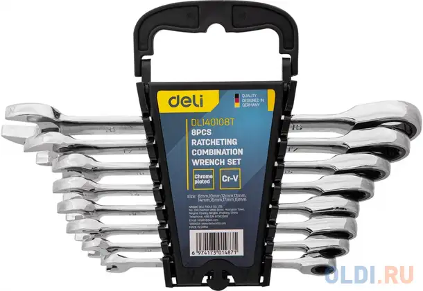 Набор комбинированных ключей с трещоткой 8 шт deli dl140108t спецификация: 8,10,12,13,14,15,17,19мм., фотография 1