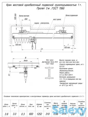 Кран балка подвесная г/п 1т пролет 3м, фотография 1