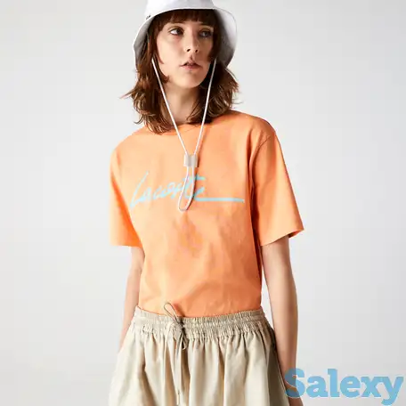 Женская хлопковая футболка lacoste с круглым вырезом и надписью, фотография 1