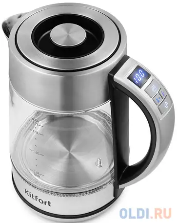 Чайник электрический kitfort kt-690 2200 вт серебристый 1.7 л стекло, фотография 1