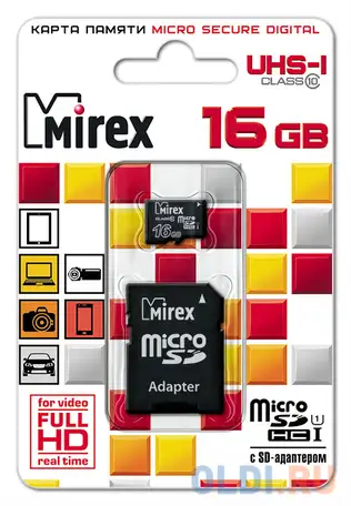 Флеш карта microsd 16gb mirex microsdhc class 10 uhs-i (sd адаптер), фотография 1