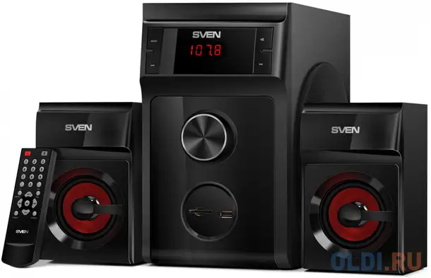 Колонки sven ms-302 чёрные 2.1, fm,usb/sd, 2х10 вт, пду,дисплей, фотография 1