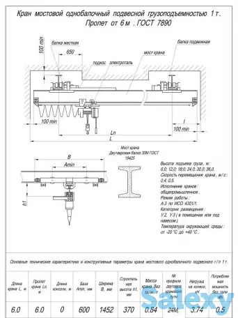 Кран балка подвесная г/п 1т пролет 6м, фотография 1