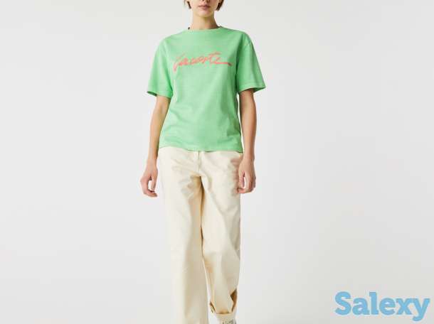 Женская хлопковая футболка lacoste с круглым вырезом и надписью, фотография 3