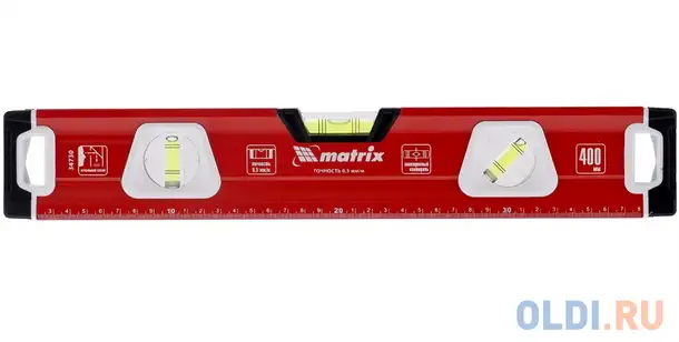 Уровень алюминиевый, магнит., фрезерованный, 3 глазка (1 зеркал.), 400 мм// matrix, фотография 1