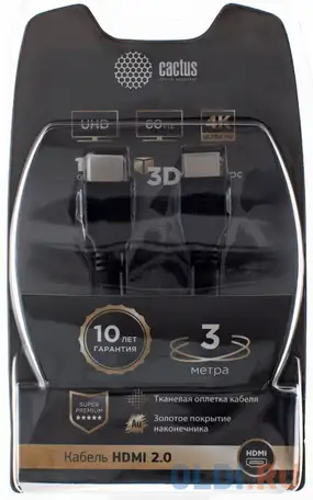 Кабель hdmi 3м cactus cs-hdmi.2-3 круглый черный, фотография 1