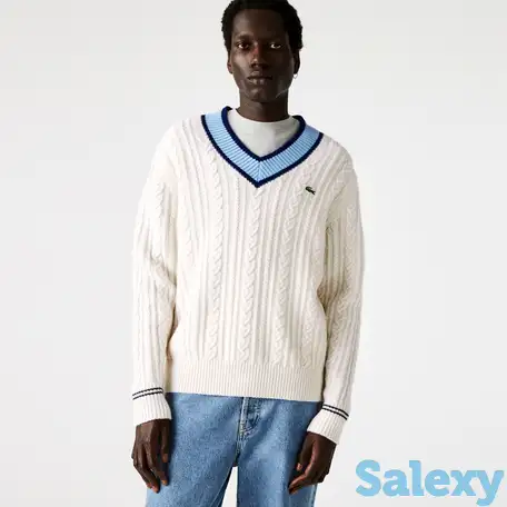 Контрастный шерстяной вязаный свитер lacoste unisex с v-образным вырезом, фотография 1