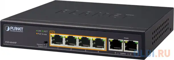 4-port 10/100tx 802.3at poe + 2-port 10/100tx desktop switch (60w poe, фотография 1