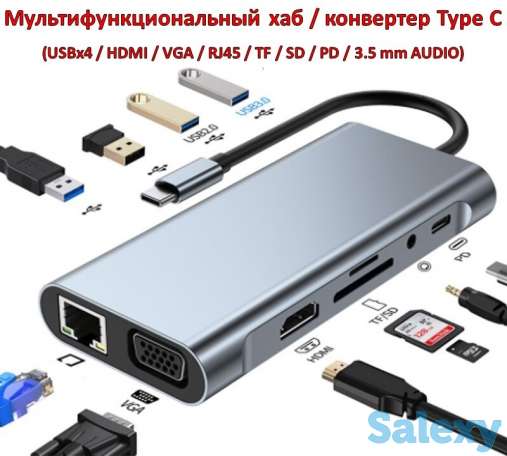 Продам мультифункциональный хаб / конвертер Type C (USBx4 / HDMI / VGA / RJ45 / TF / SD / PD / 3.5 mm AUDIO), модель BYL, фотография 1