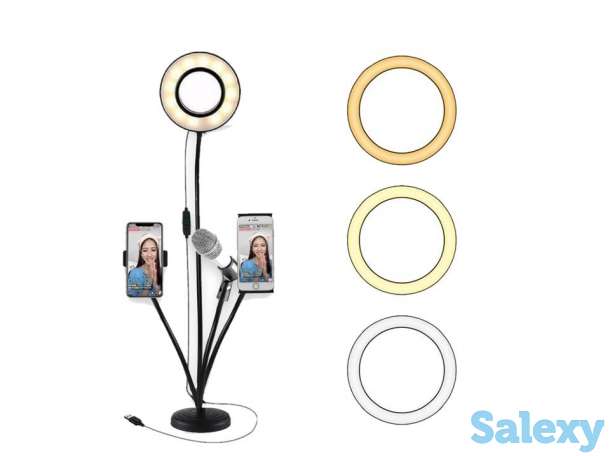 Продам кольцевую лампу + два держателя для телефона + держатель для микрофона на гибких ножках для стрима, мобильной фот, фотография 1