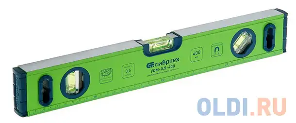 Уровень алюминиевый усм-0,5-400, фрезерованный, 3 глазка, магнитный, 400 мм// сибртех, фотография 1