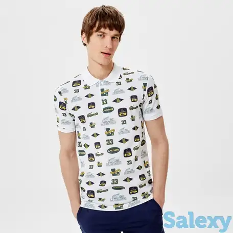 Белая мужская рубашка-поло lacoste slim fit с принтом, фотография 1