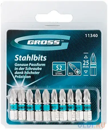 Набор бит gross 11340  pz2х25 сталь s2 10шт, фотография 1