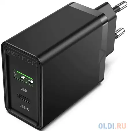 Vention 2-port usb(a+c) wall charger (18w/20w) eu-plug black, фотография 1