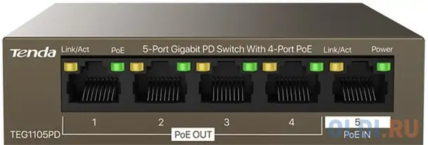 Коммутатор 5port 10/100/1000m 4poe teg1105pd tenda, фотография 1