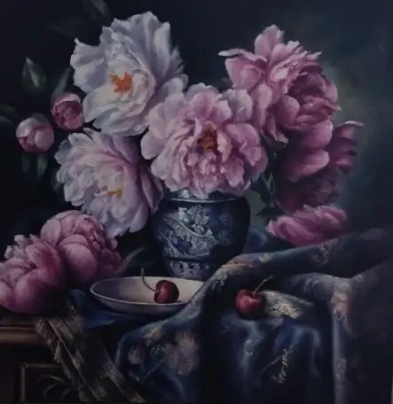 Продается картина натюрморт Винтажный гобелен с пионами, фотография 1