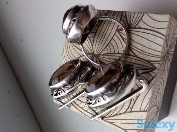 серебряный набор (серьги и кольцо /18) чайный топаз, фотография 4