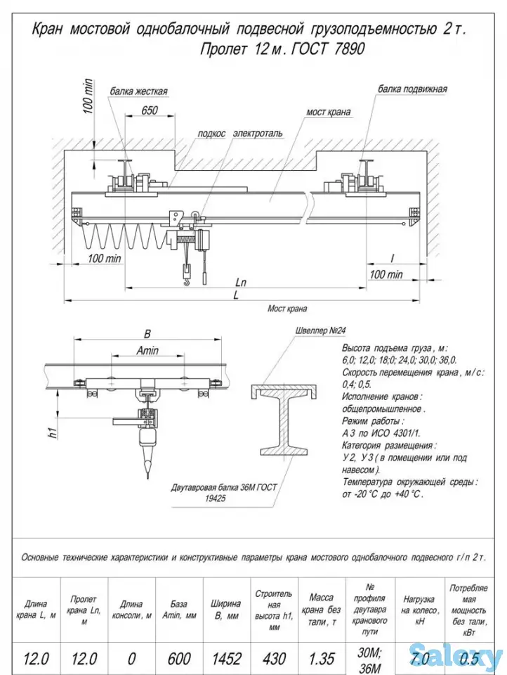 Кран балка подвесная г/п 2т пролет 12м, фотография 1