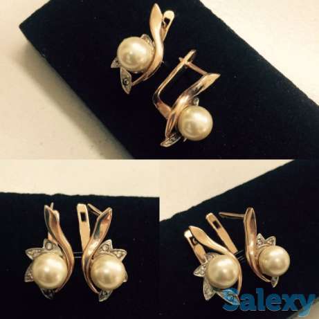 Серьги золотые красное золото 583 проба, жемчуг, фотография 1