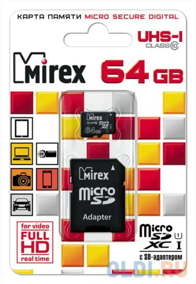 Флеш карта microsd 64gb mirex microsdxc class 10 uhs-i (sd адаптер), фотография 1