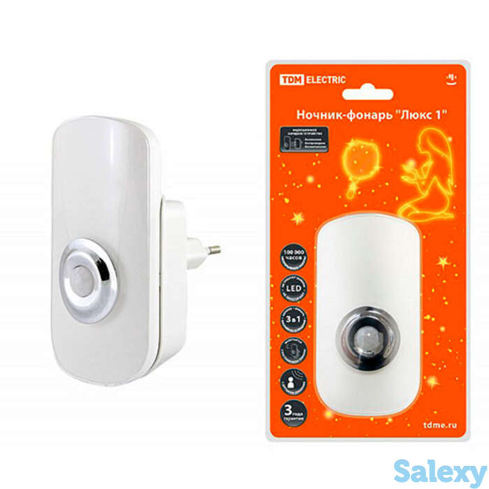 Ночник-фонарь tdm люкс 1, 1х0,5 вт + 9led, 70 лм/вт, li-ion 500 мач, дат. освещ. и движ., 220 в, фотография 1