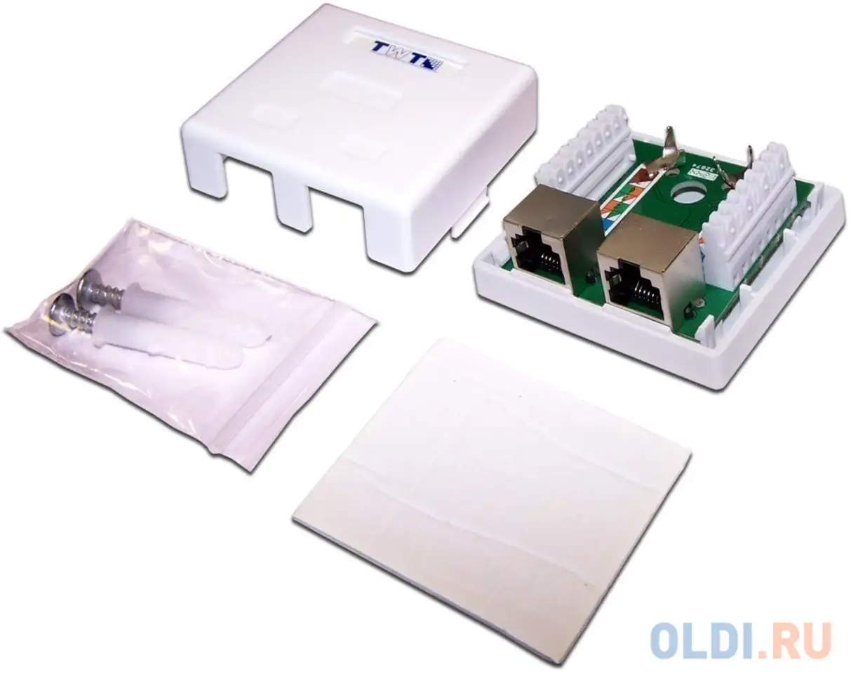 Настенная розетка, 2 порта rj-45 категории 5е, stp, белая, фотография 1
