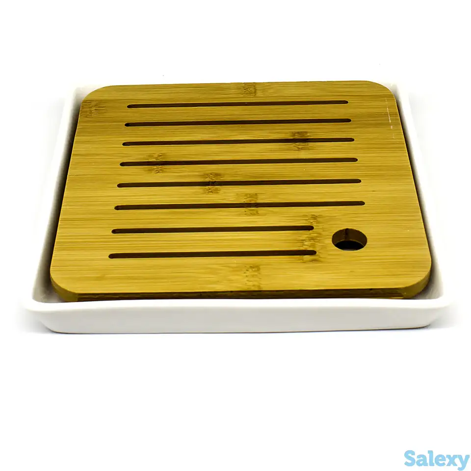 Чабань квадратная (бамбук и фарфор), 21х21х3 см, фотография 1