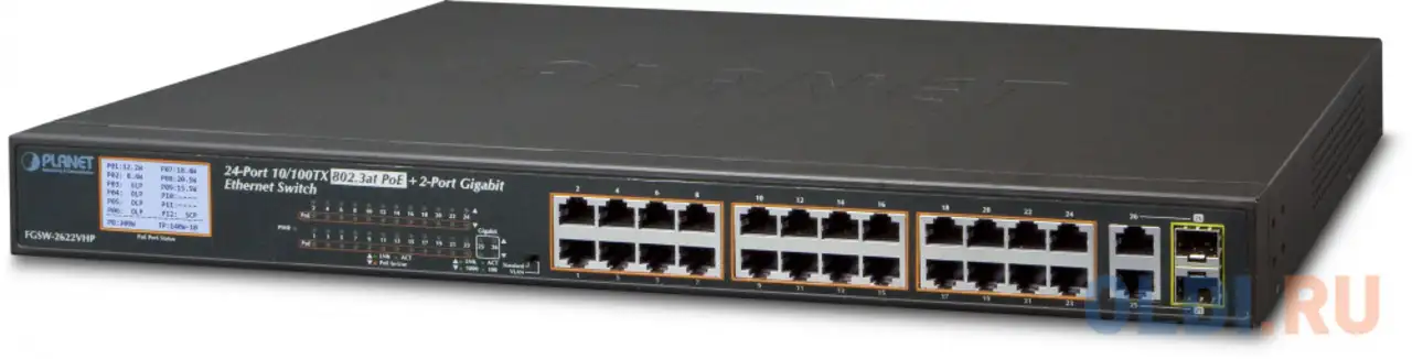 24-port 10/100tx 802.3at poe + 2-port gigabit tp/sfp combo ethernet switch, фотография 1