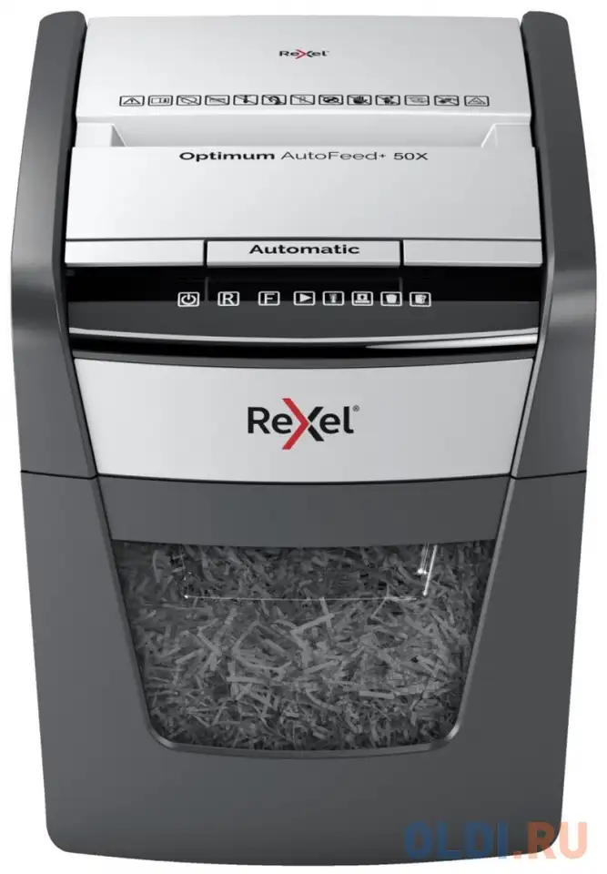 Шредер rexel optimum autofeed 50x черный с автоподачей (секр.p-4)/фрагменты/50лист./20лтр./скрепки/с, фотография 1