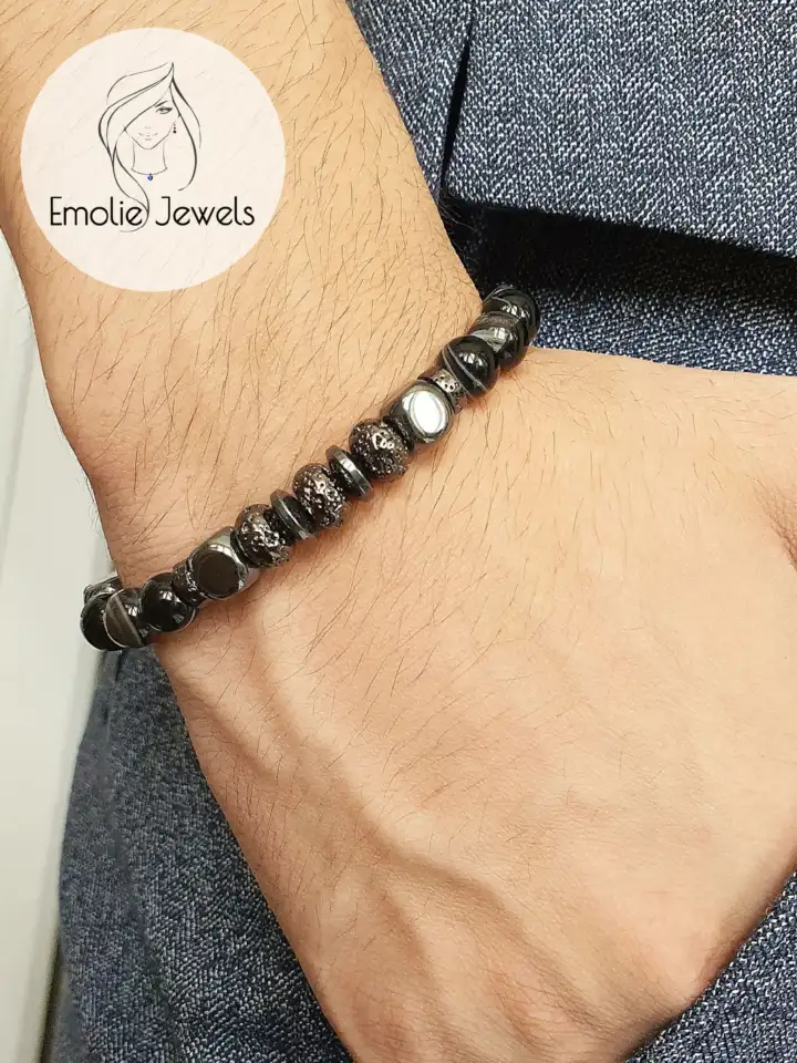 Браслет Тройная защита из натуральных камней агата, лавы и гематита, фотография 2